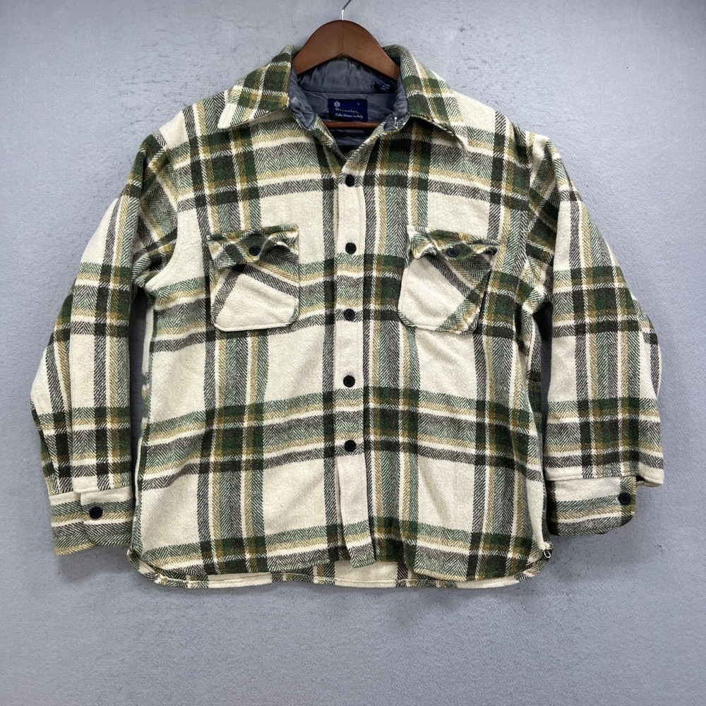 Brewster Wool Linen Flannel Shirt Mens Large Green Plaid Italy Vintage Shacket